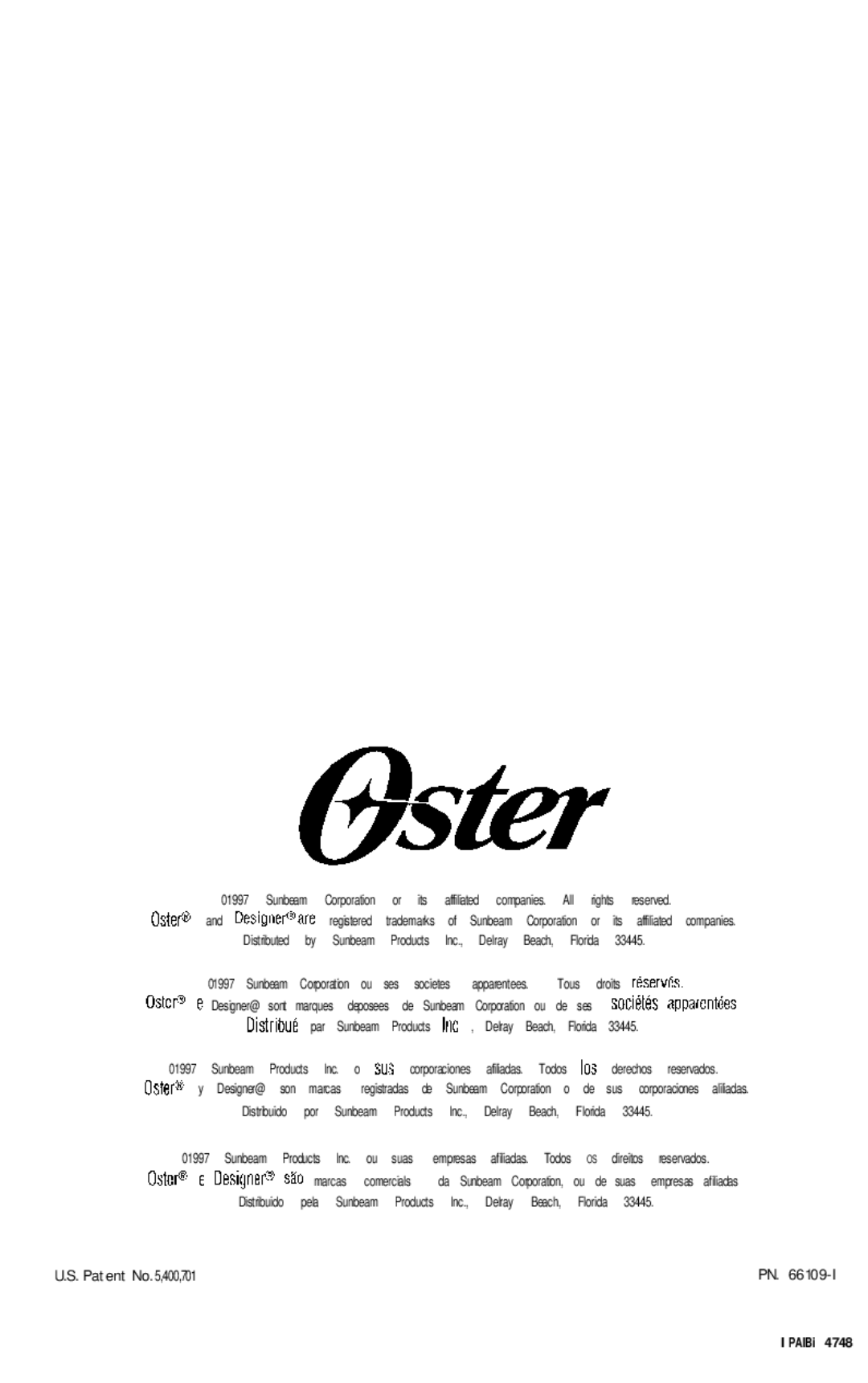 Oster 4711 manual Patent No ,400,701 