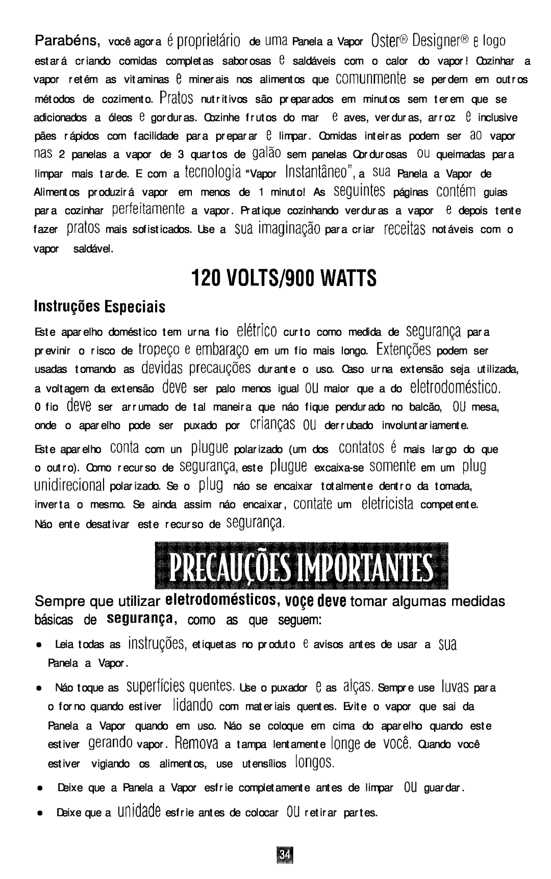 Oster 4711 manual 120VOLTS/SOOWATTS, Instru@3x Especiais 
