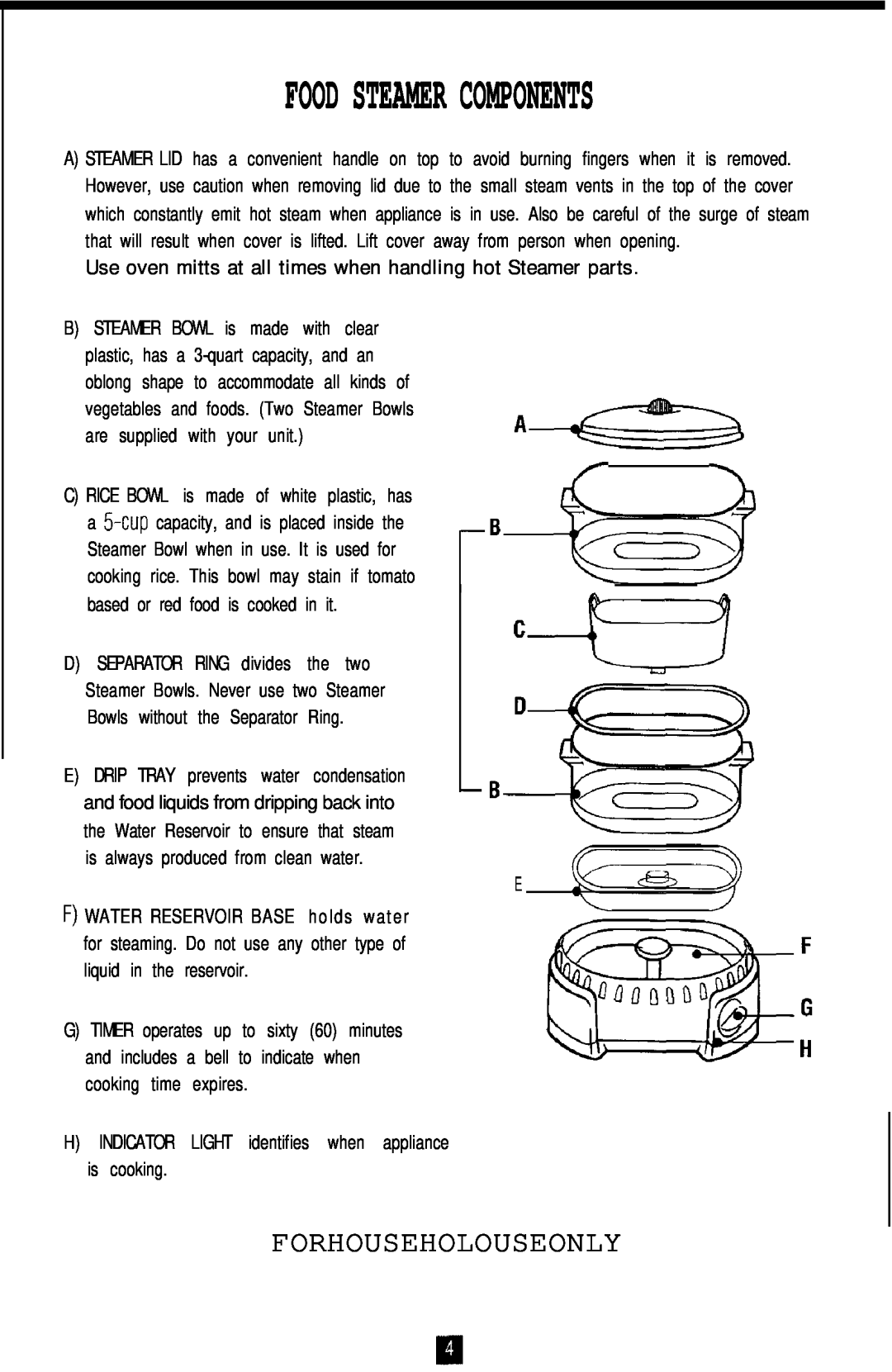 Oster 4711 Food Steamer Components, Forhouseholouseonly, A J-/-Wy, H INDICATOR LIGHT identifies when appliance is cooking 