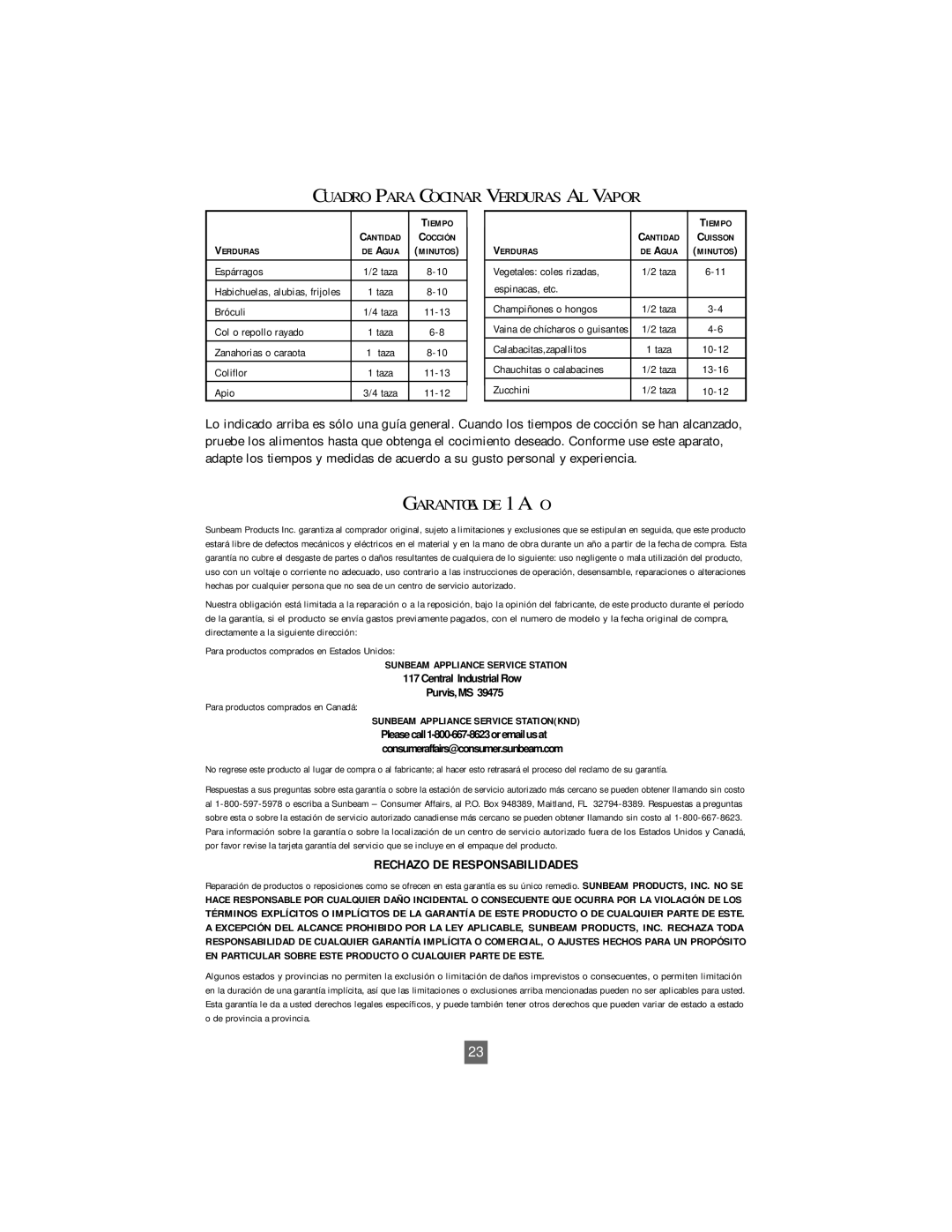 Oster 4718 instruction manual Cuadro Para Cocinar Verduras AL Vapor, GARANTêA DE 1 A„O 