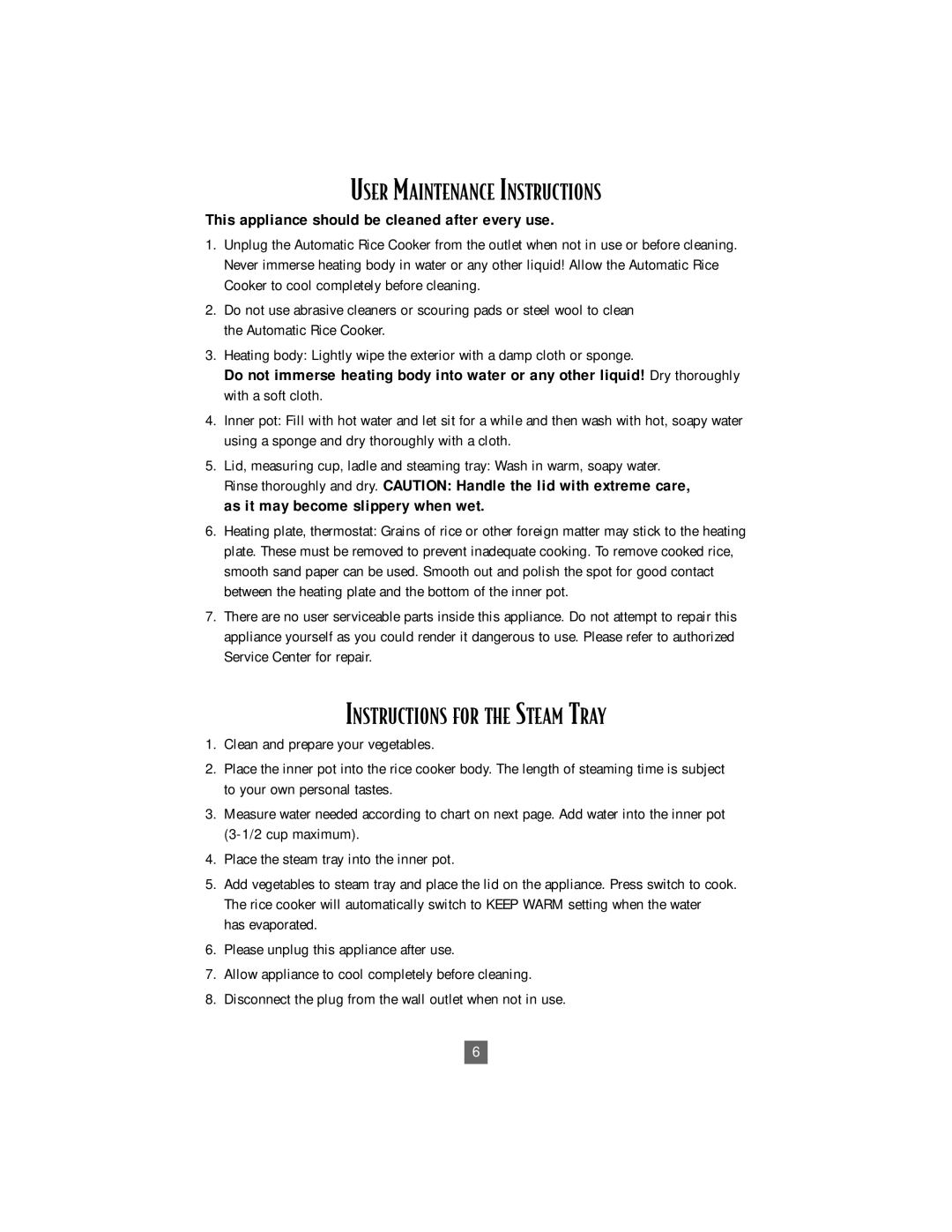 Oster 4718 instruction manual User Maintenance Instructions, Instructions for the Steam Tray 