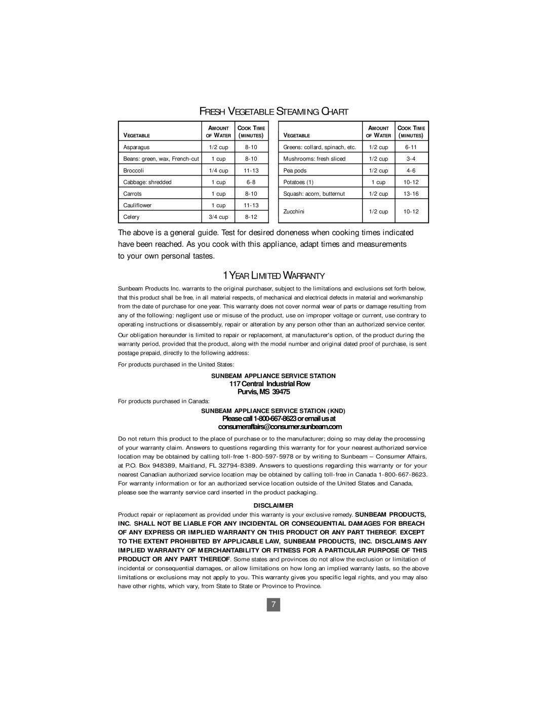 Oster 4718 instruction manual Fresh Vegetable Steaming Chart, Year Limited Warranty 