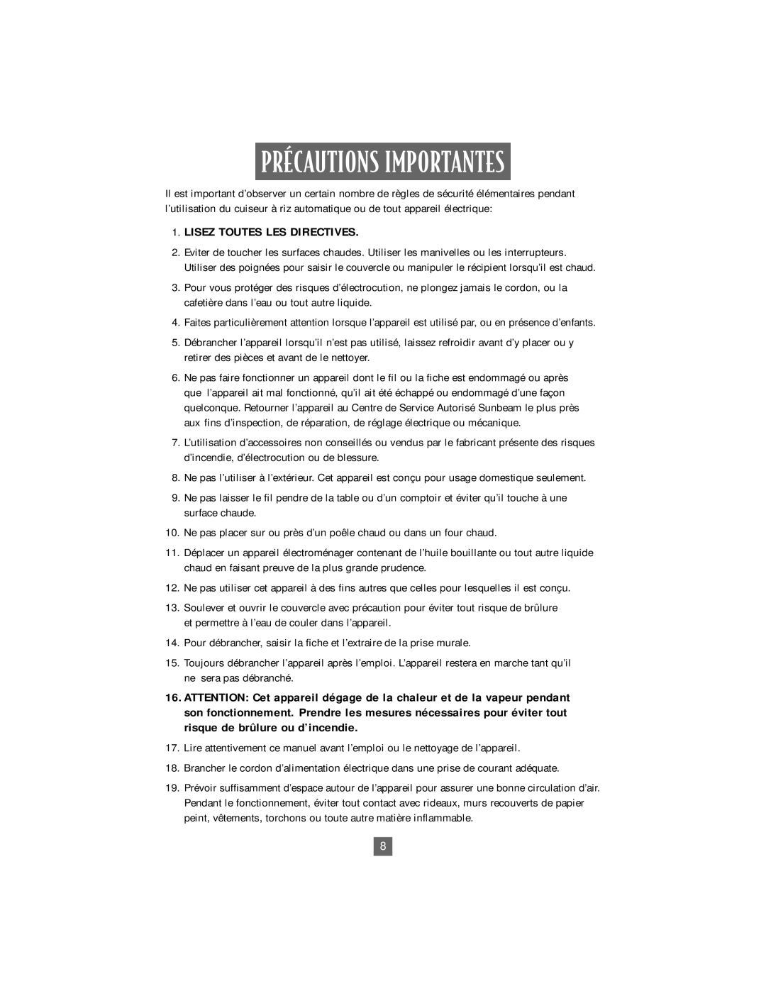 Oster 4718 instruction manual PRƒCAUTIONS Importantes, Lisez Toutes LES Directives 