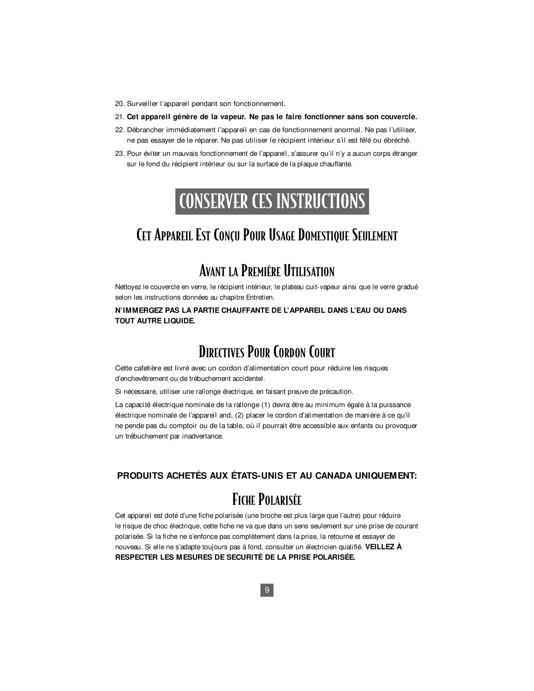 Oster 4718 Conserver CES Instructions, Avant LA PREMIƒRE Utilisation, Directives Pour Cordon Court, Fiche POLARISƒE 