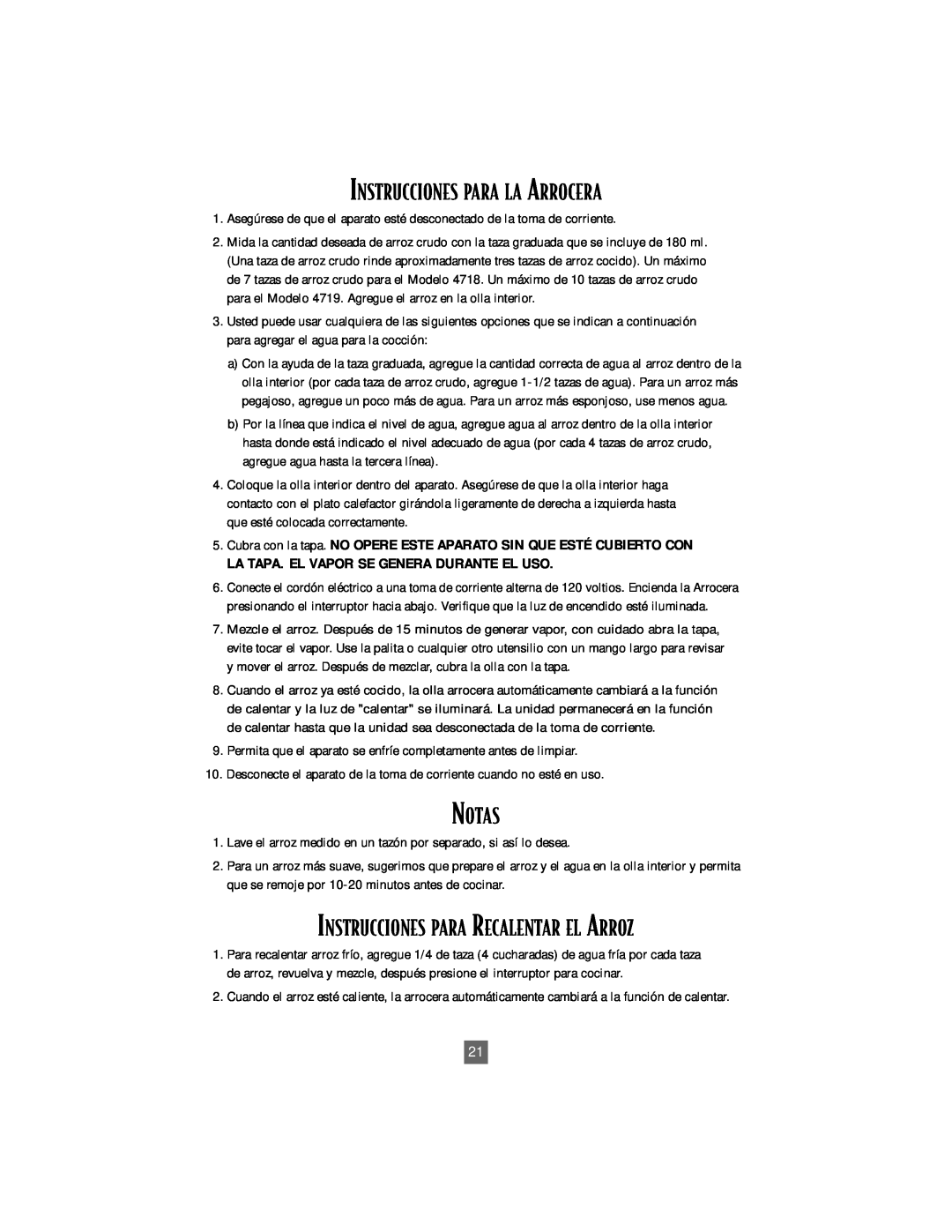 Oster 4718 instruction manual Instrucciones Para La Arrocera, Notas, Instrucciones Para Recalentar El Arroz 