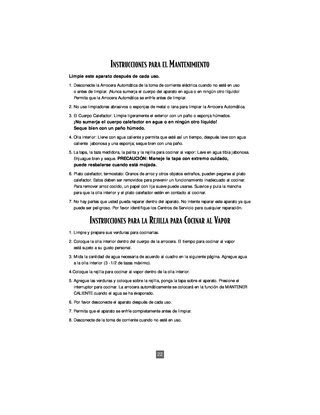 Oster 4718 instruction manual Instrucciones Para El Mantenimiento 