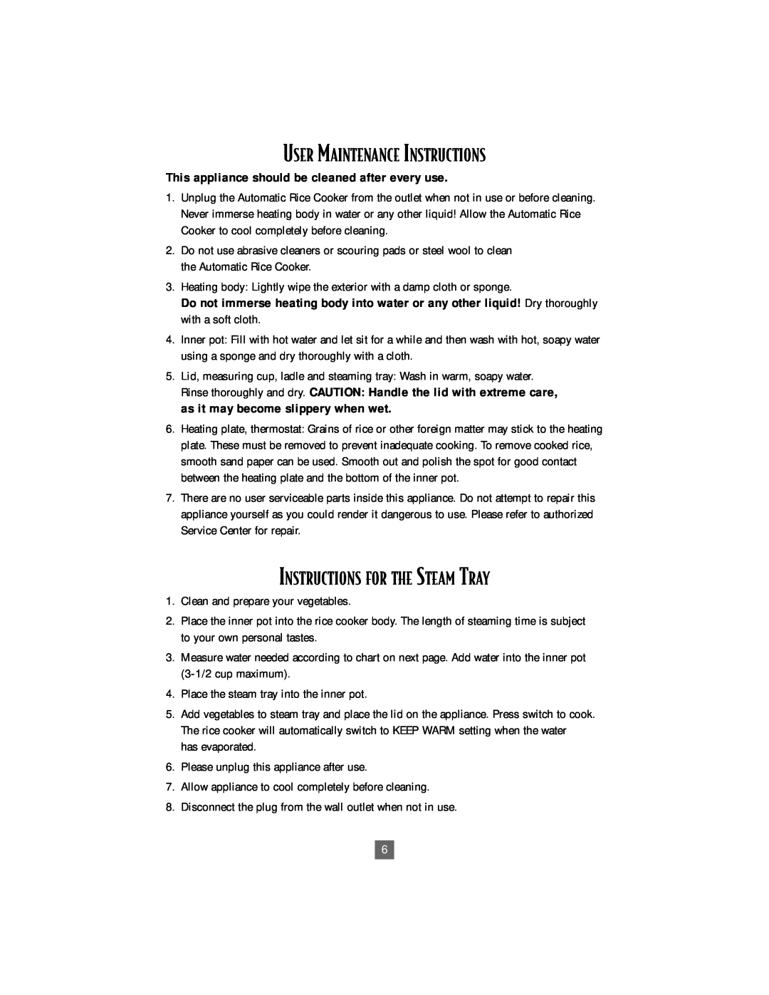 Oster 4718 instruction manual User Maintenance Instructions, Instructions For The Steam Tray 
