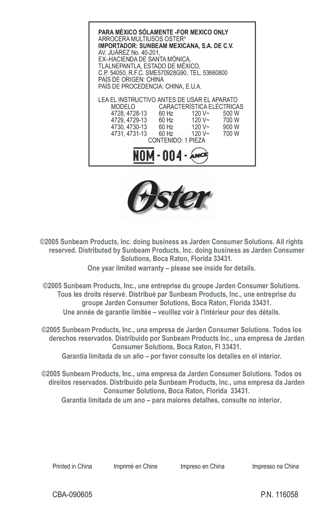 Oster 4728 instruction manual CBA-090605 