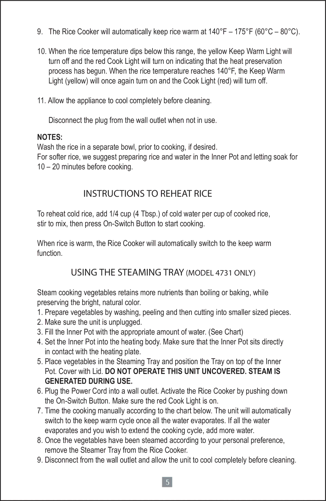 Oster 4728 instruction manual Instructions to Reheat Rice, Generated During USE 