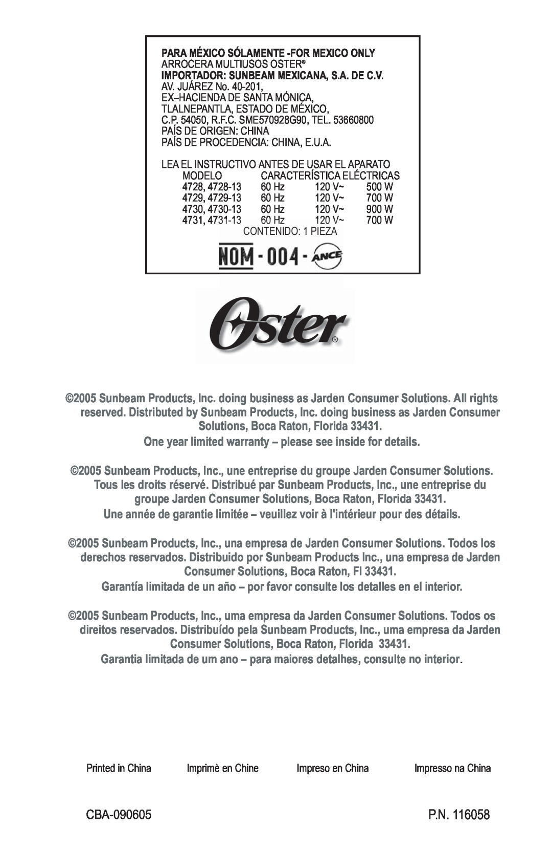Oster 4728 instruction manual Solutions, Boca Raton, Florida, CBA-090605, P.N 