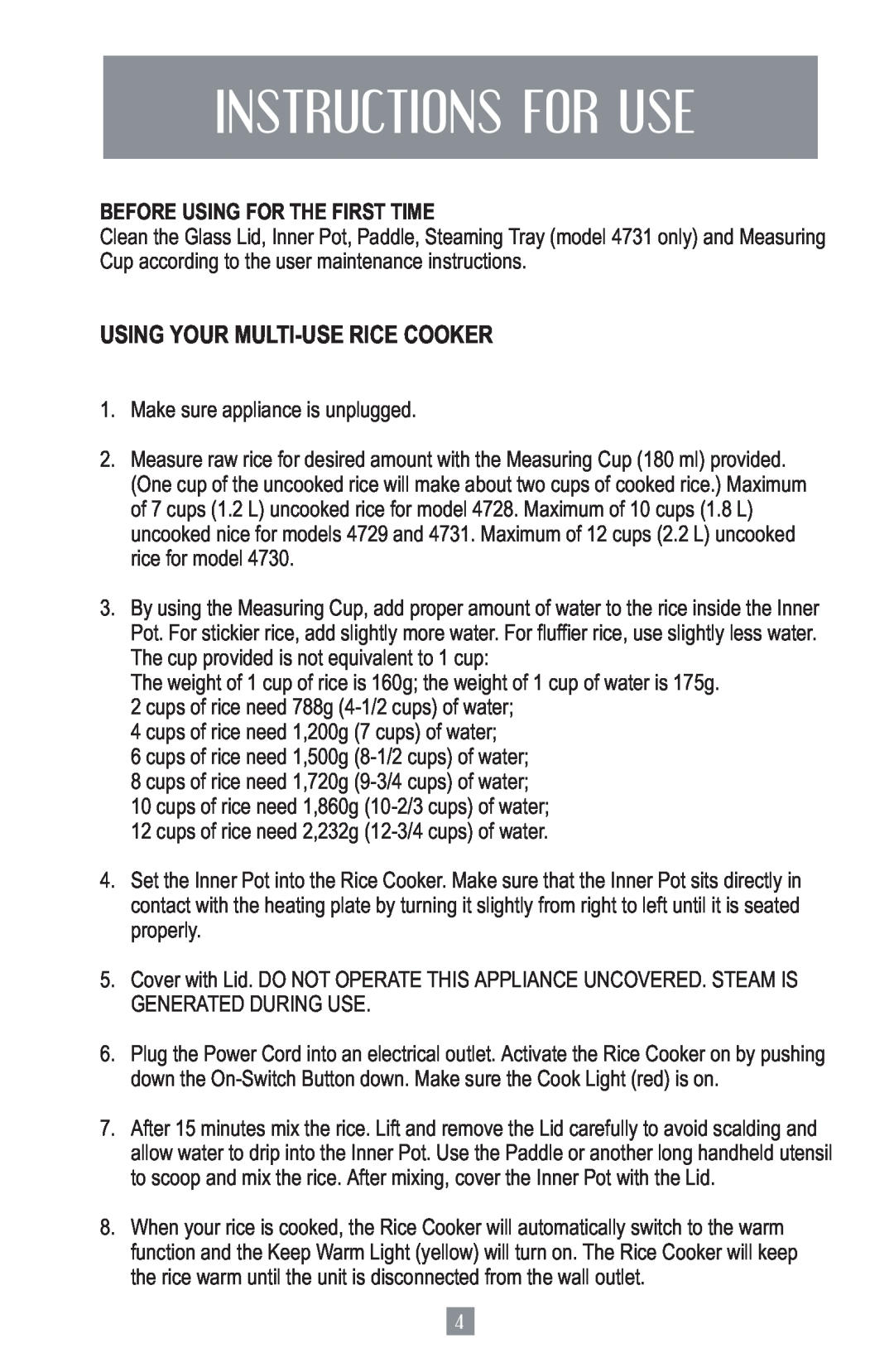 Oster 4728 instruction manual Instructions For Use, Using Your Multi-Userice Cooker, Before Using For The First Time 