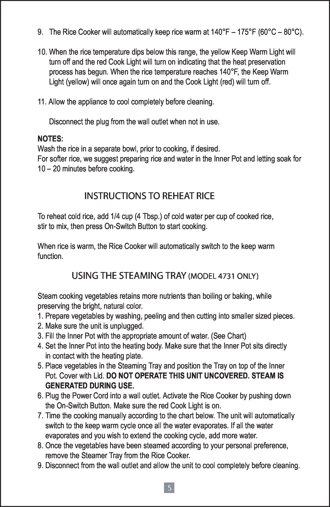 Oster 4728 instruction manual Generated During Use, Instructions To Reheat Rice, USING THE STEAMING TRAY MODEL 4731 ONLY 