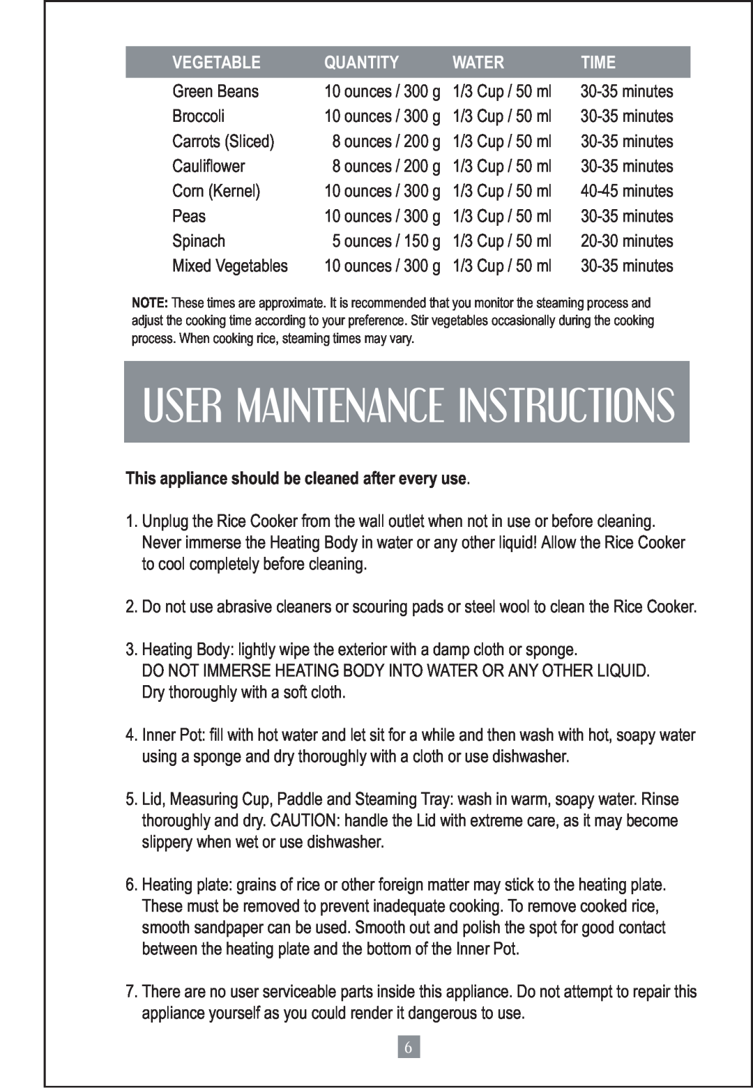 Oster 4728 This appliance should be cleaned after every use, User Maintenance Instructions, Vegetable, Quantity, Water 