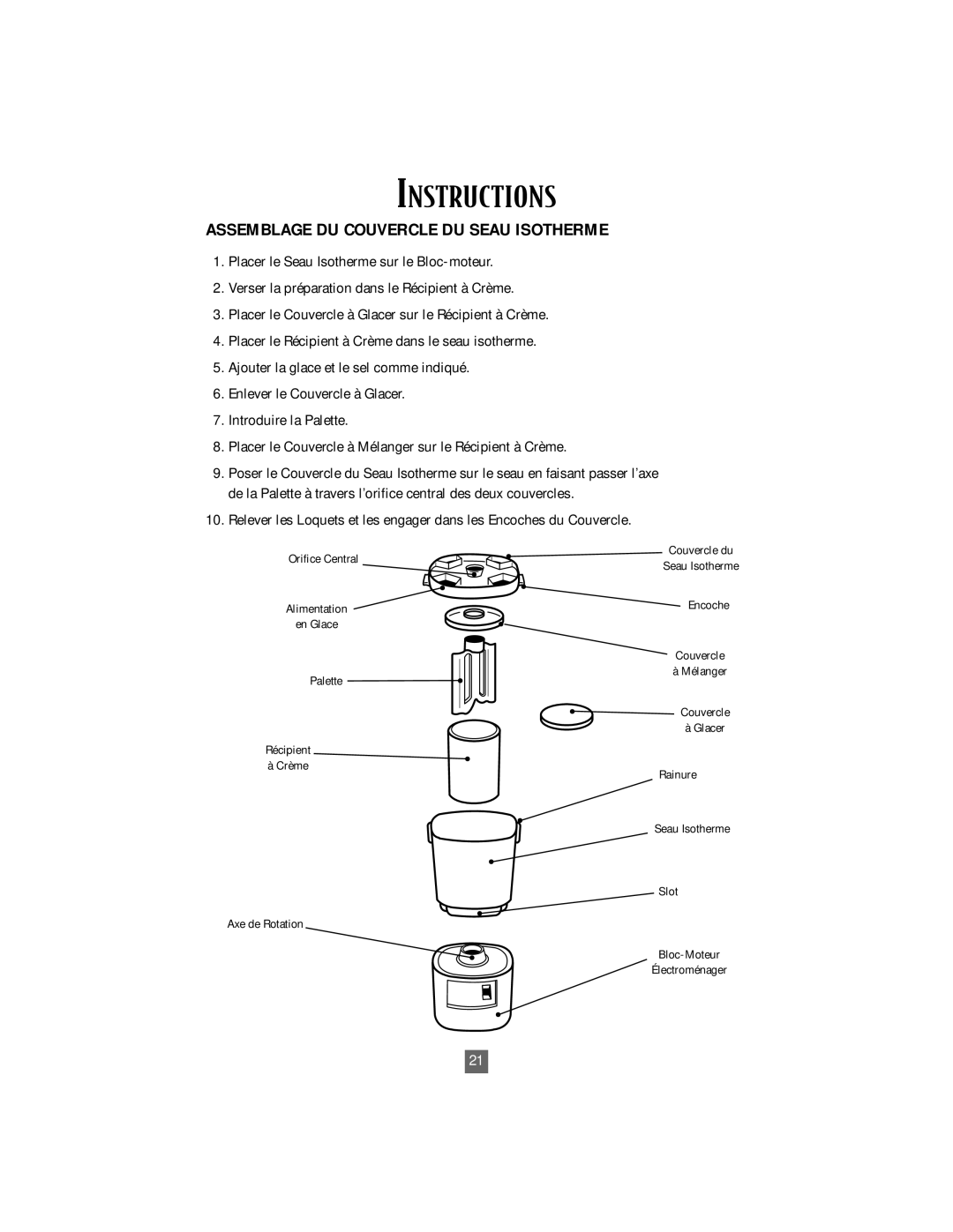 Oster 4746 instruction manual Instructions, Assemblage DU Couvercle DU Seau Isotherme 