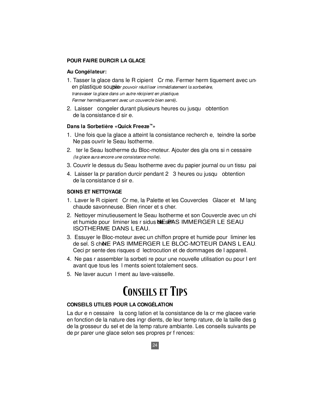 Oster 4746 Conseils ET Tips, Pour Faire Durcir LA Glace, Soins ET Nettoyage, Conseils Utiles Pour LA Congélation 