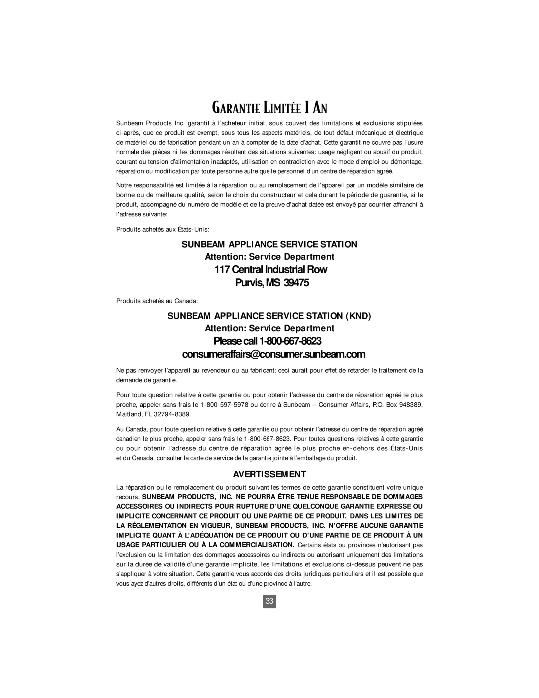 Oster 4746 instruction manual Garantie LIMITƒE 1 AN, Avertissement 