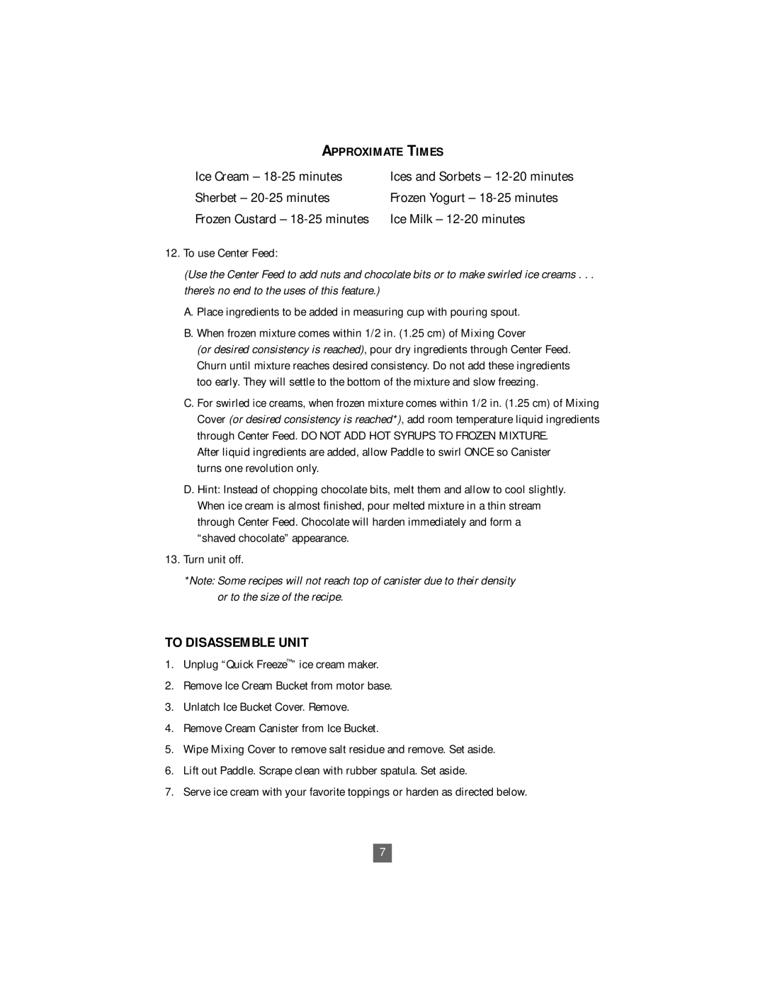 Oster 4746 instruction manual To Disassemble Unit, Ices and Sorbets 12-20 minutes 