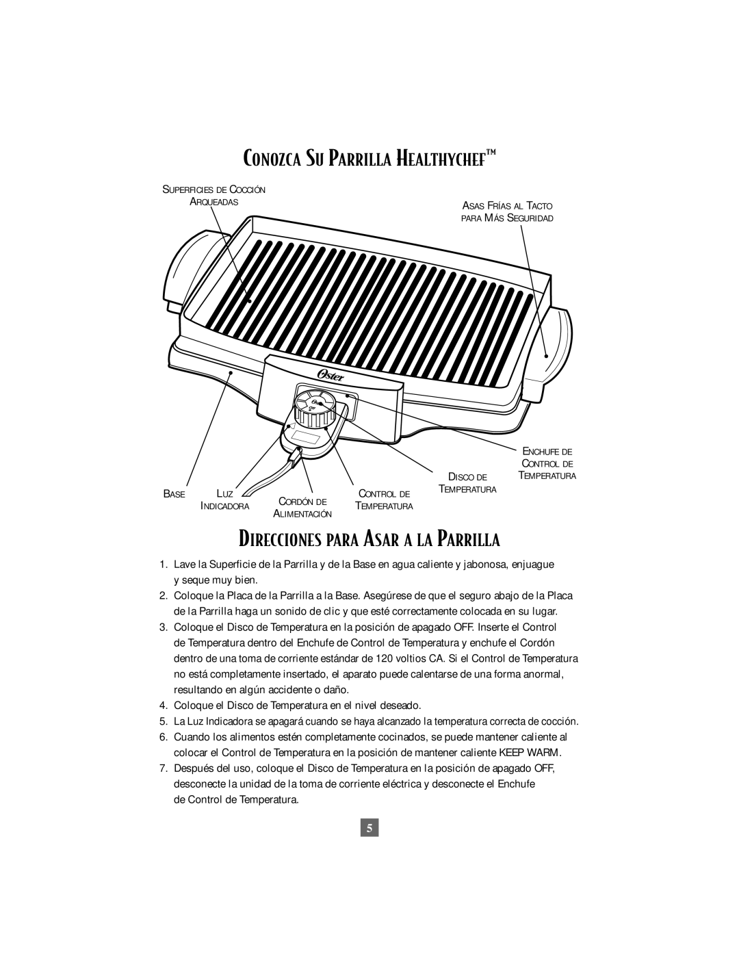 Oster 4768, 4767 owner manual Conozca SU Parrilla HEALTHYCHEFª, Direcciones Para Asar a LA Parrilla 