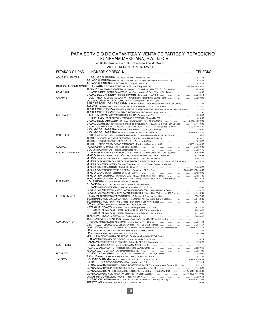 Oster 4768, 4767 owner manual Para Servicio DE Garantía Y Venta DE Partes Y Refacciones 