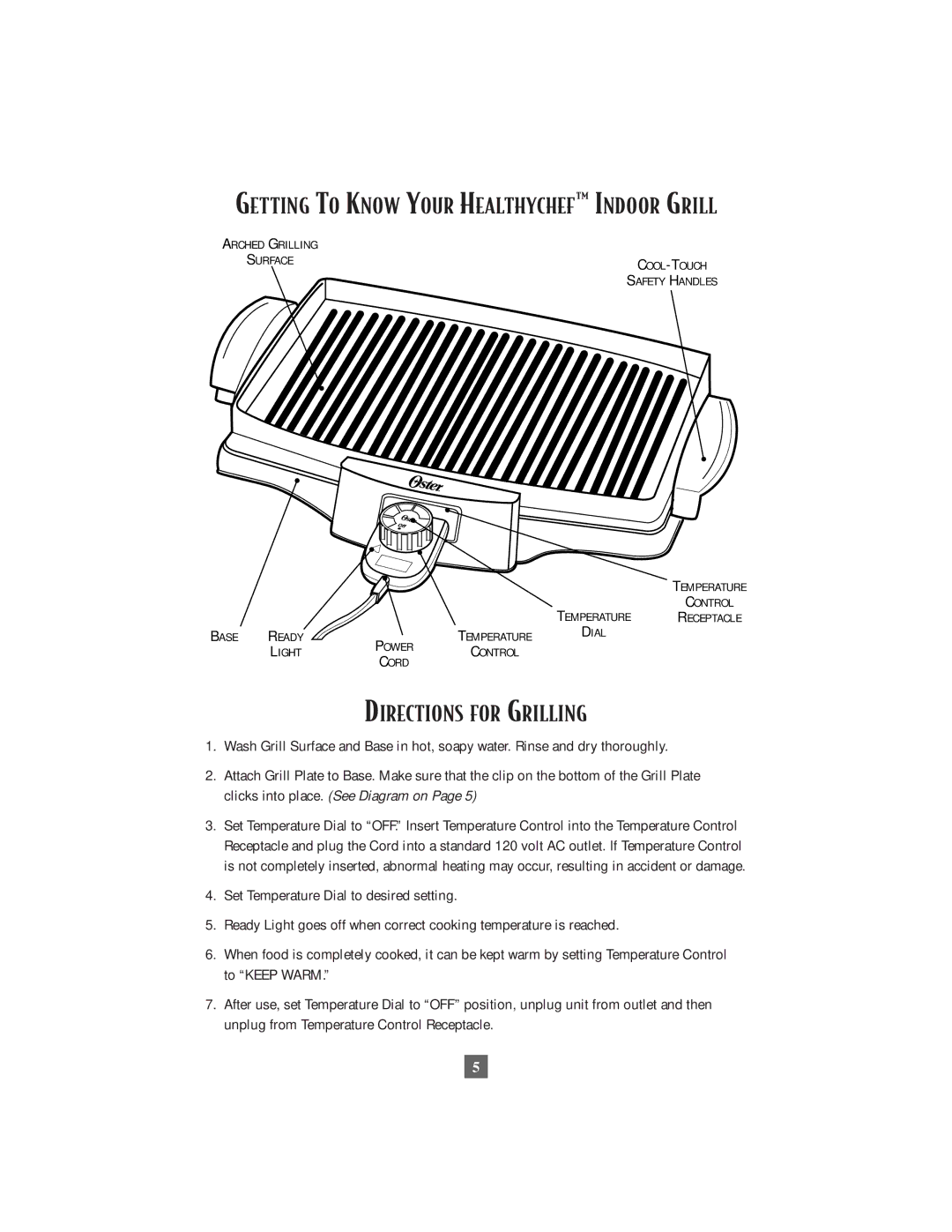 Oster 4767, 4768 owner manual Getting to Know Your HEALTHYCHEFª Indoor Grill, Directions for Grilling 