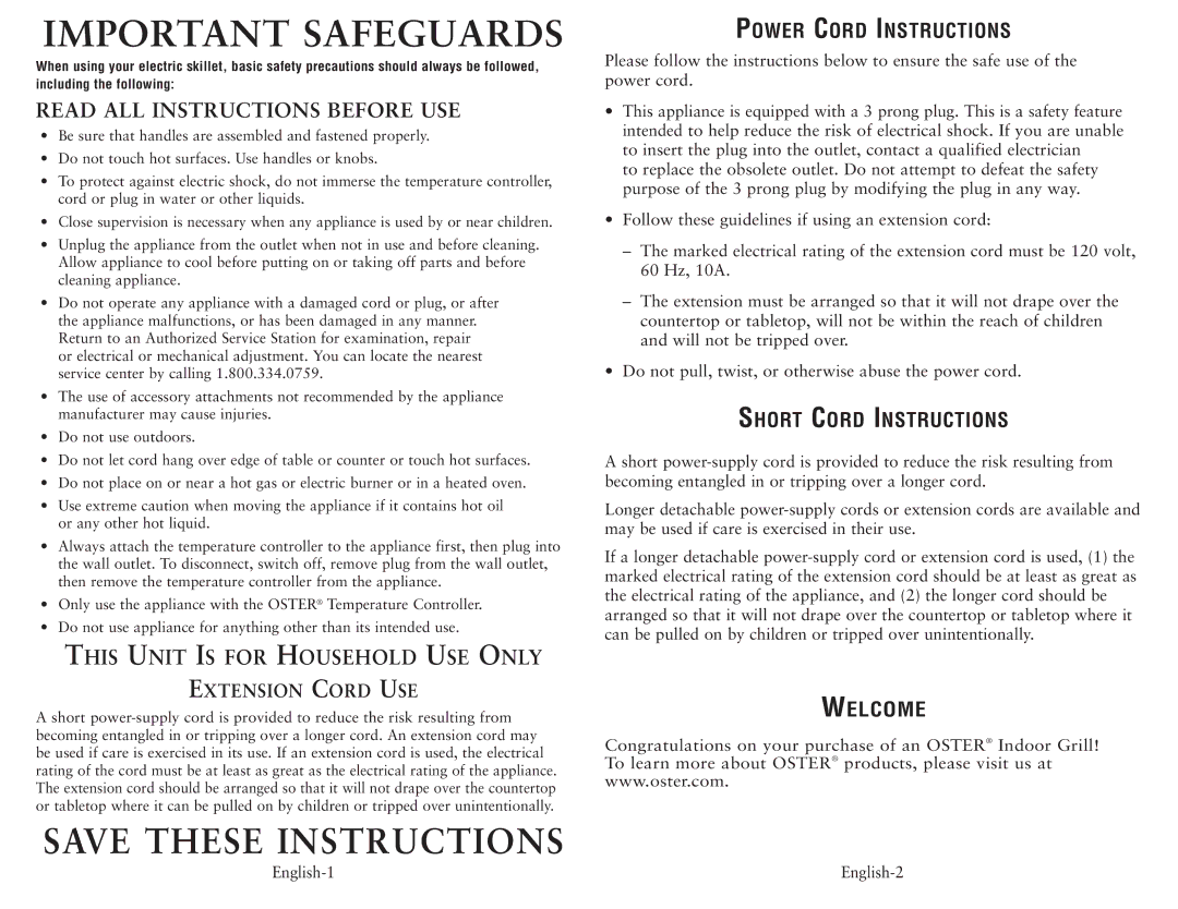 Oster 4770, 4774 user manual Important Safeguards 