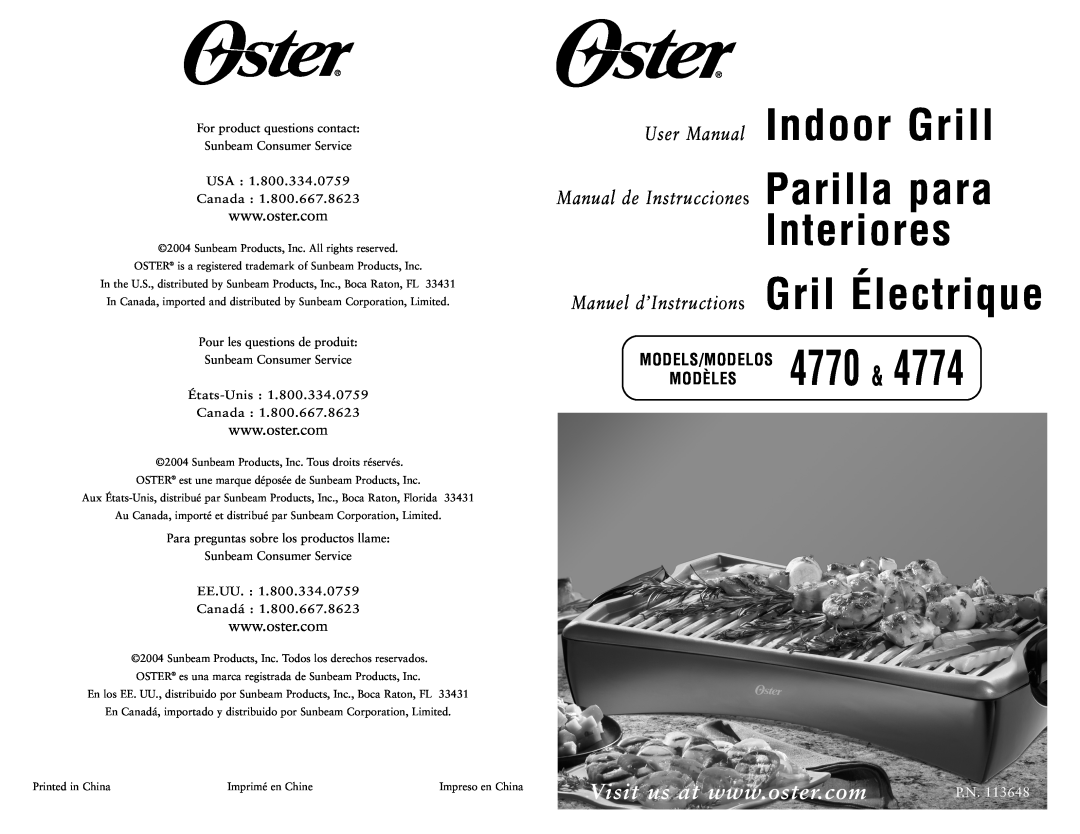Oster 4774 user manual MODELS/MODELOS 4770 MODÈLES, Interiores, Manuel d’Instructions Gril Électrique 