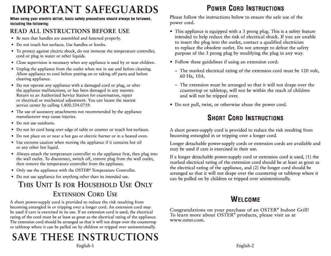 Oster 4770 Important Safeguards, Save These Instructions, Welcome, Read All Instructions Before Use, Extension Cord Use 