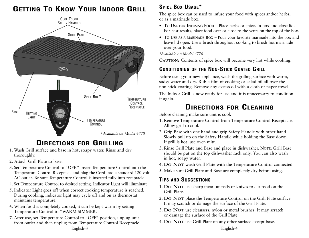 Oster 4774 Spice Box Usage, Conditioning Of The Non-Stick Coated Grill, Tips And Suggestions, Directions For Cleaning 