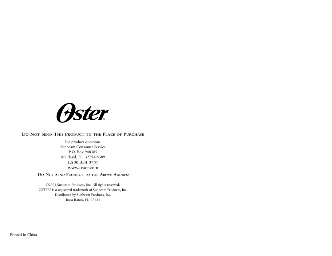 Oster 4781 user manual 800.334.0759 