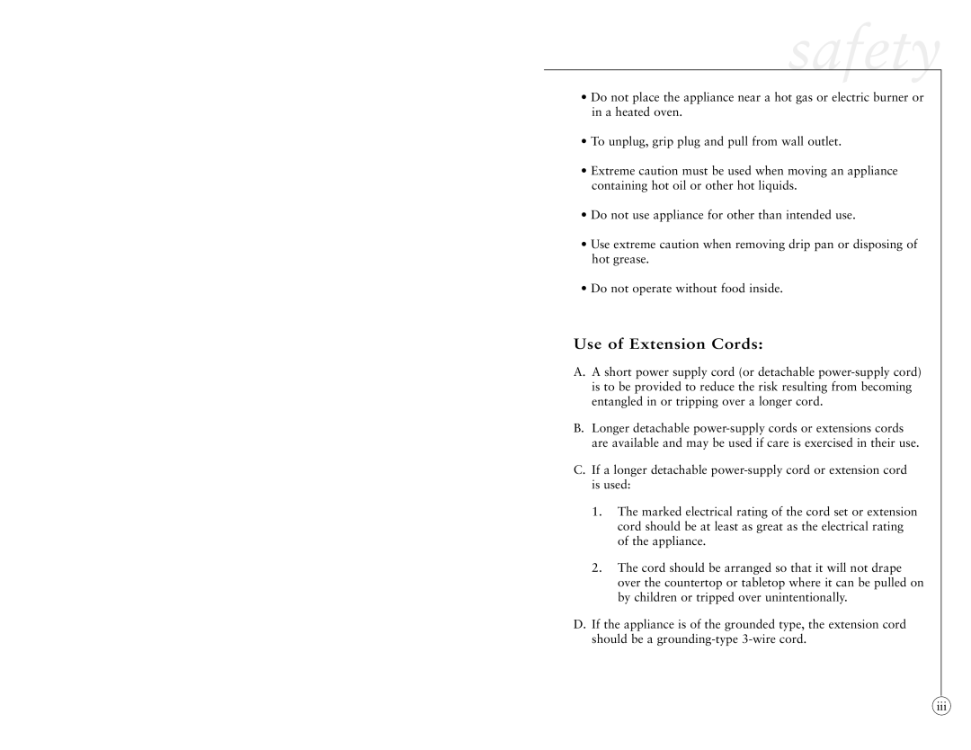 Oster 4781 user manual Safety, Use of Extension Cords 