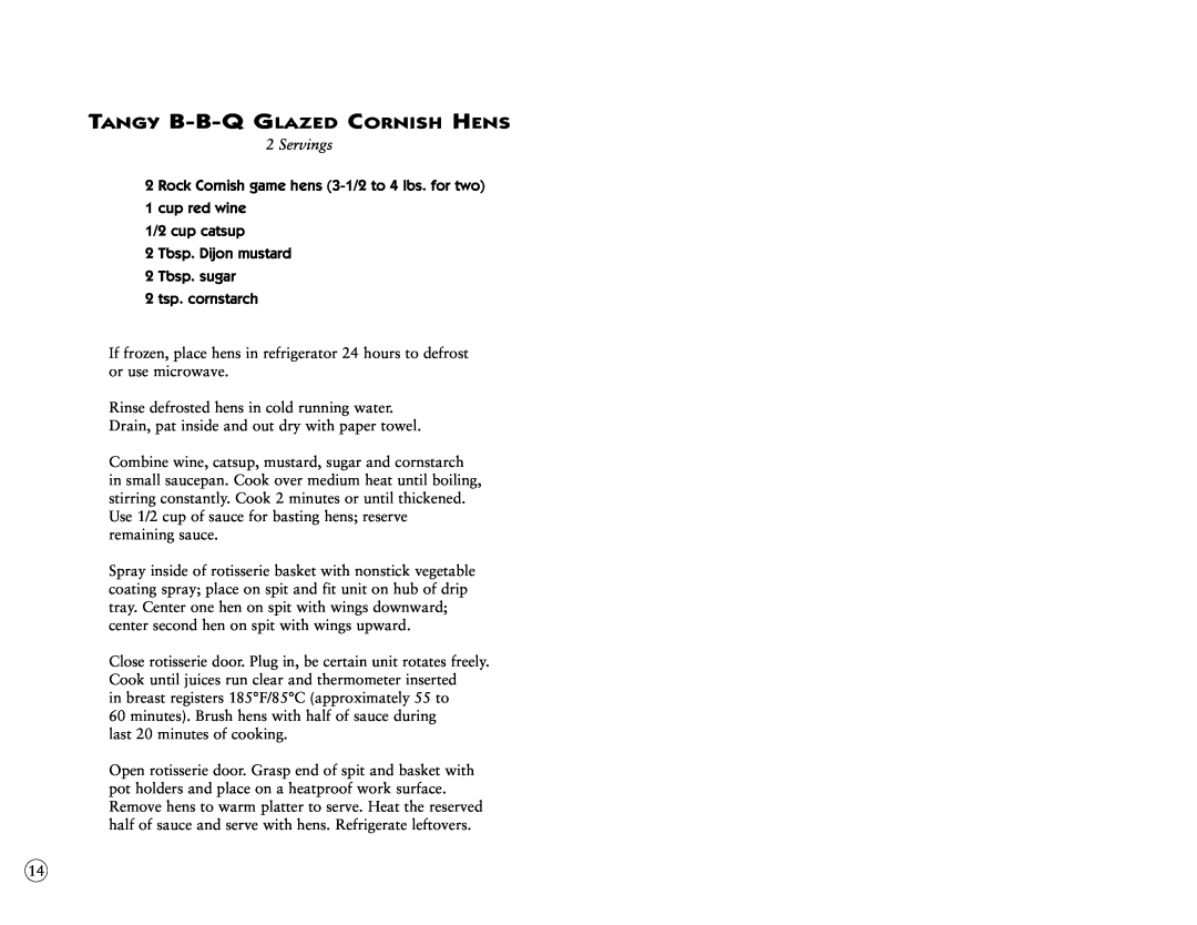 Oster 4781 user manual Tangy B-B-Qglazed Cornish Hens, Servings 