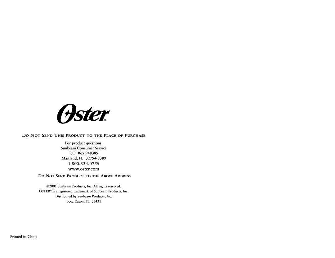 Oster 4781 user manual For product questions Sunbeam Consumer Service, P. O. Box Maitland, FL 
