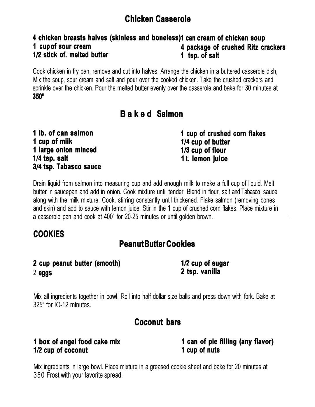 Oster 4857, 4877-8, 4831, 4878 manual Chicken Casserole, K e d Salmon, PeanutButter Cookies, Coconut bars 