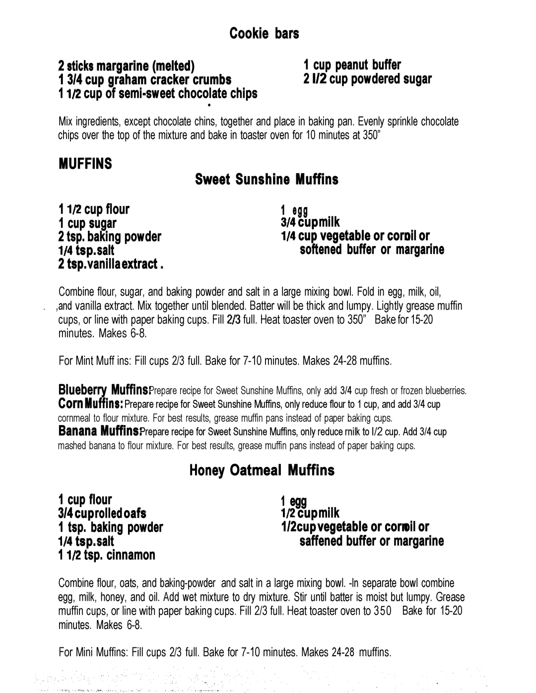 Oster 4877-8, 4831, 4878, 4857 manual Cookie bars, Sweet Sunshine Muffins, Honey Oatmeal Muffins 