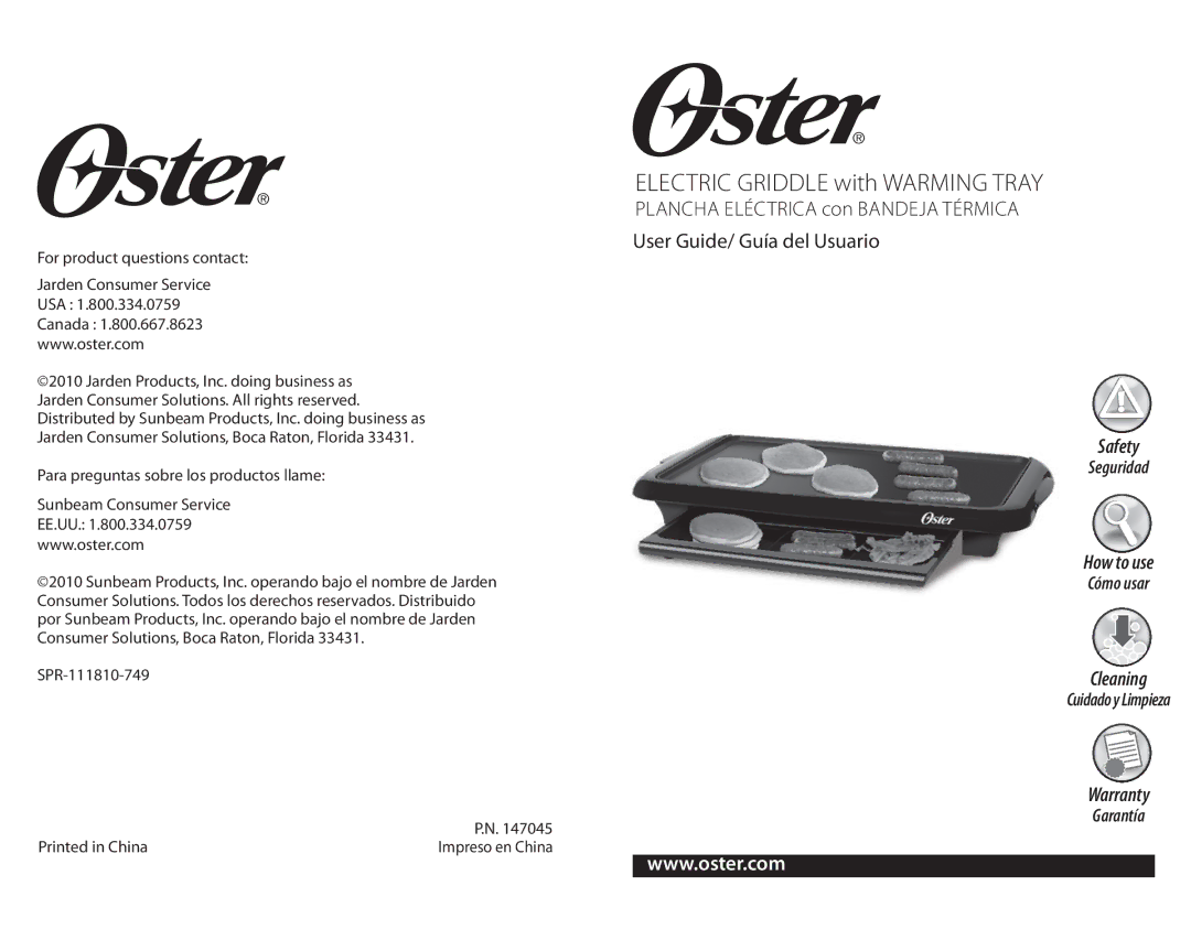 Oster 547045 warranty Electric Griddle with Warming tray 