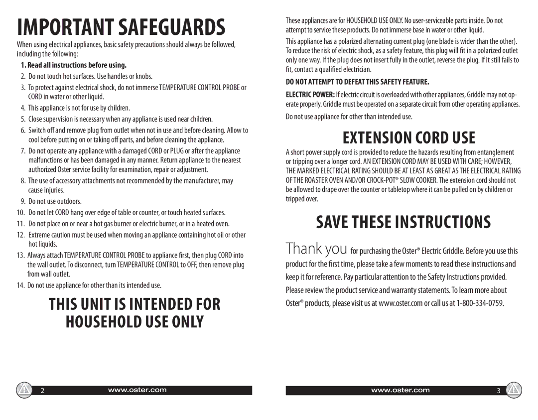 Oster 547045 warranty Read all instructions before using, Do not touch hot surfaces. Use handles or knobs 