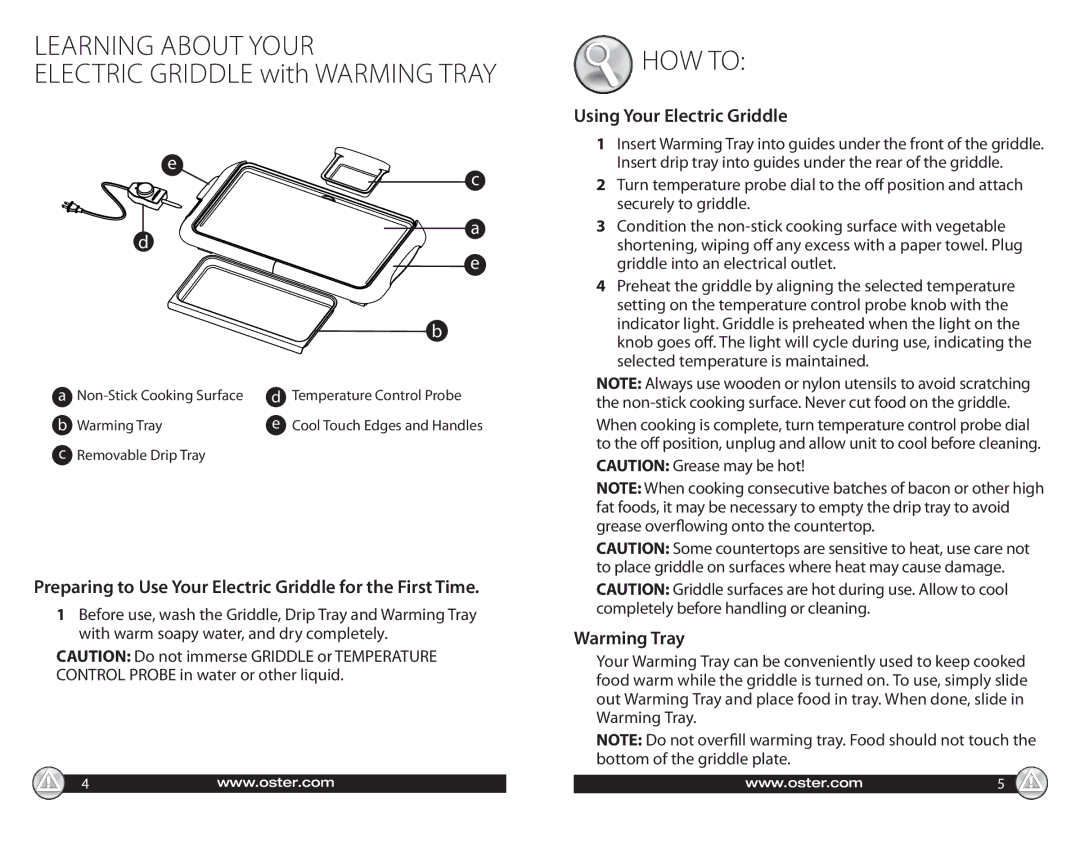 Oster 547045 warranty Preparing to Use Your Electric Griddle for the First Time, Using Your Electric Griddle, Warming Tray 