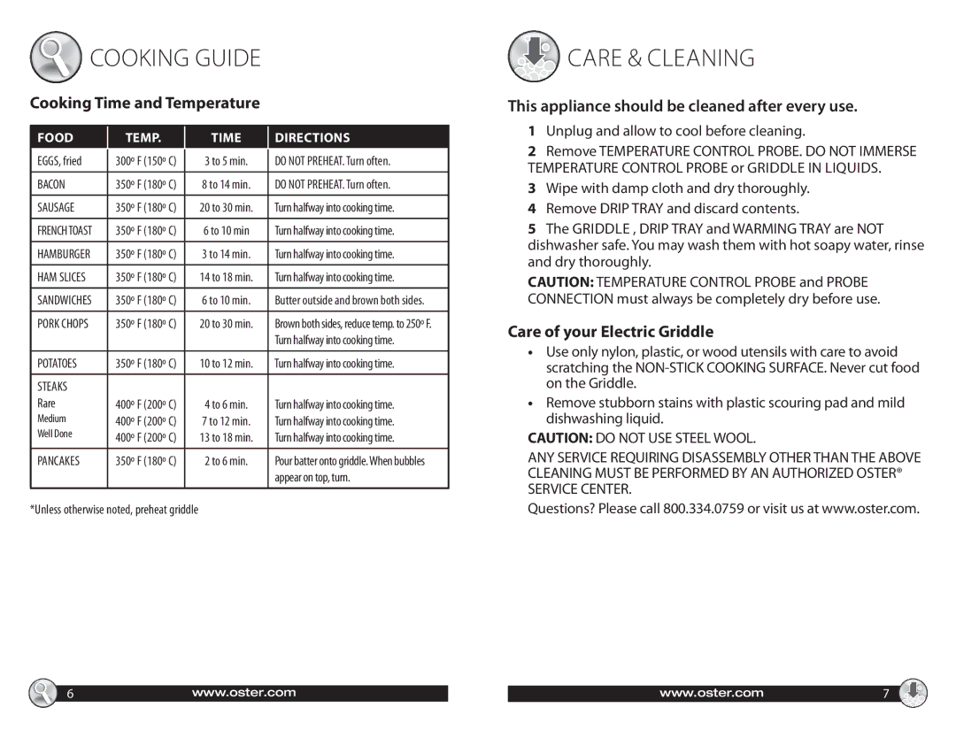 Oster 547045 This appliance should be cleaned after every use, Care of your Electric Griddle, Cooking Time and Temperature 