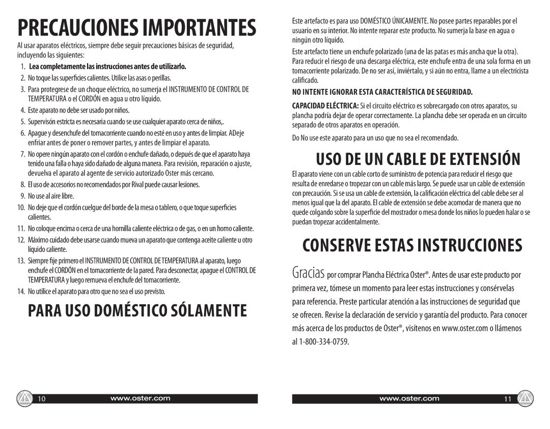 Oster 547045 warranty Lea completamente las instrucciones antes de utilizarlo, Este aparato no debe ser usado por niños 