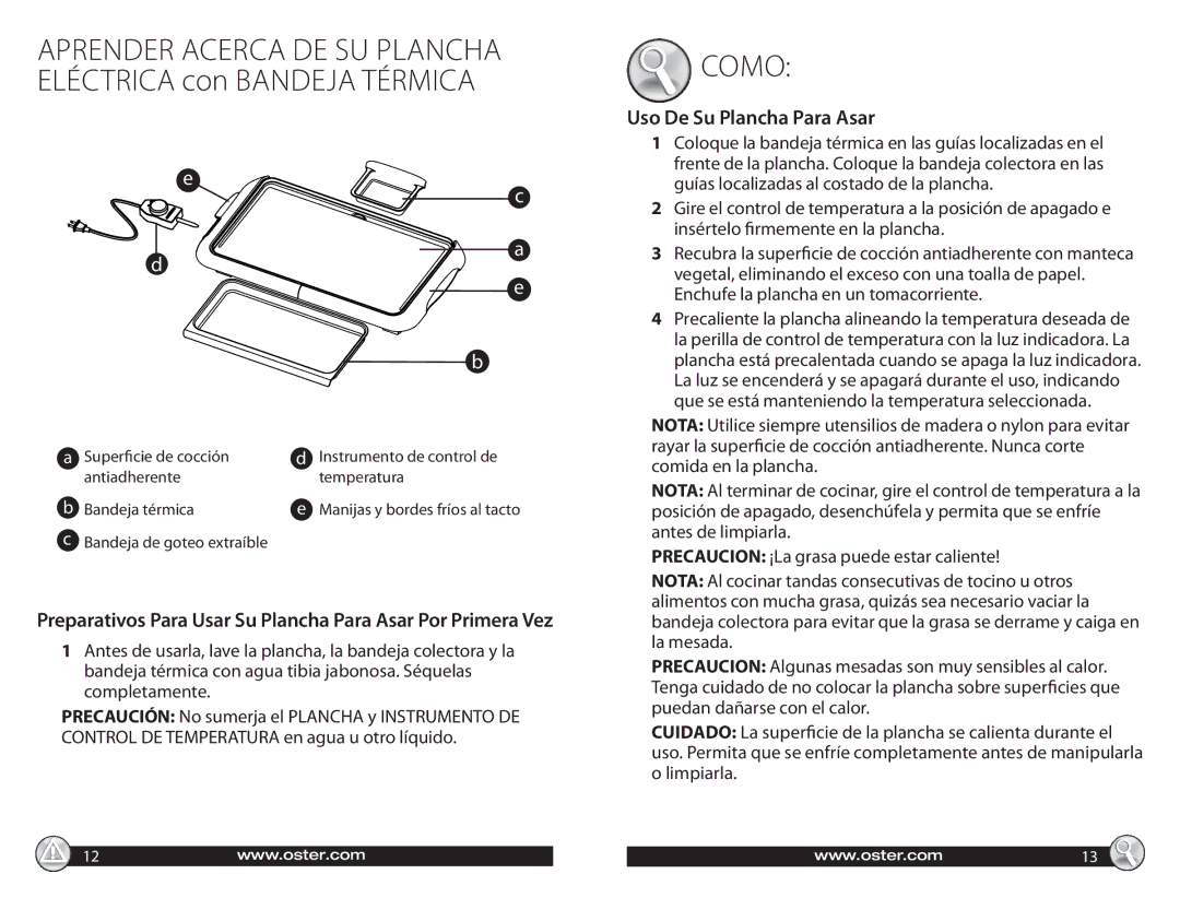 Oster 547045 warranty Uso De Su Plancha Para Asar, Preparativos Para Usar Su Plancha Para Asar Por Primera Vez 