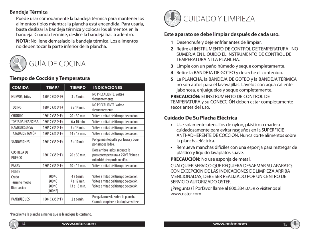 Oster 547045 warranty Bandeja Térmica, Tiempo de Cocción y Temperatura, Este aparato se debe limpiar después de cada uso 