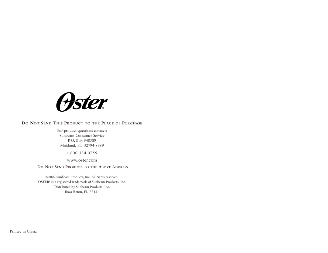 Oster 5712 manual 800.334.0759 