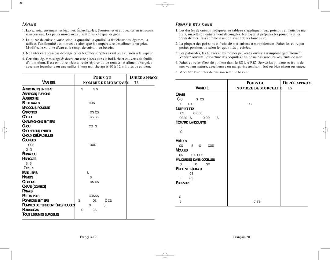 Oster 5712 user manual 500 G, 625 G, 375 G, Légumes, Poissons ET Fruits DE MER 