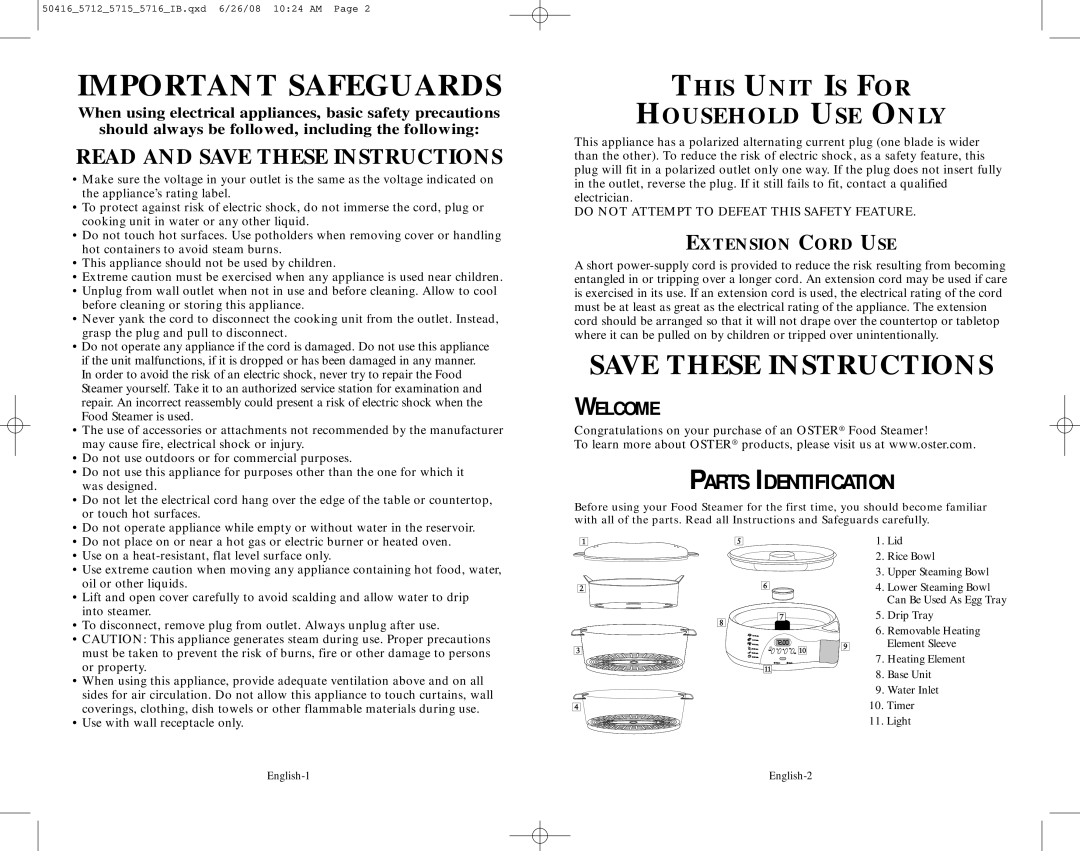 Oster 5712 user manual Important Safeguards, Parts Identification 