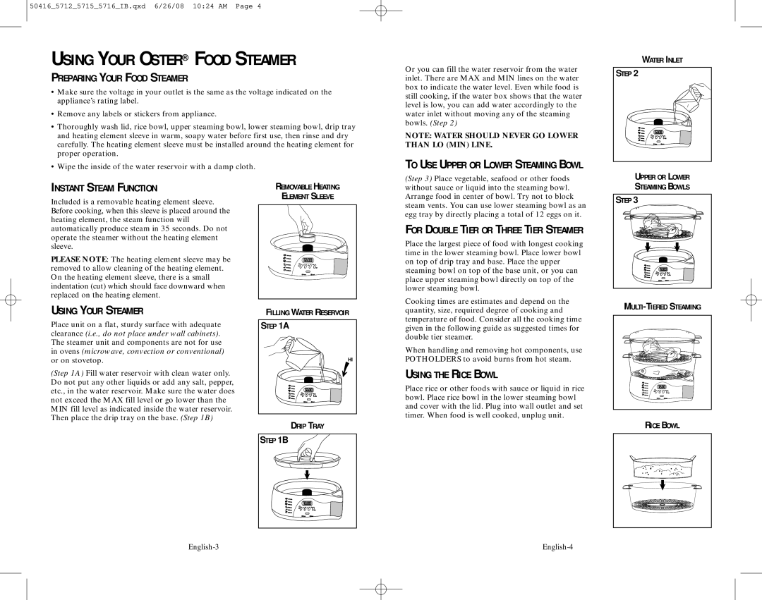 Oster 5712 user manual Using Your Oster Food Steamer 