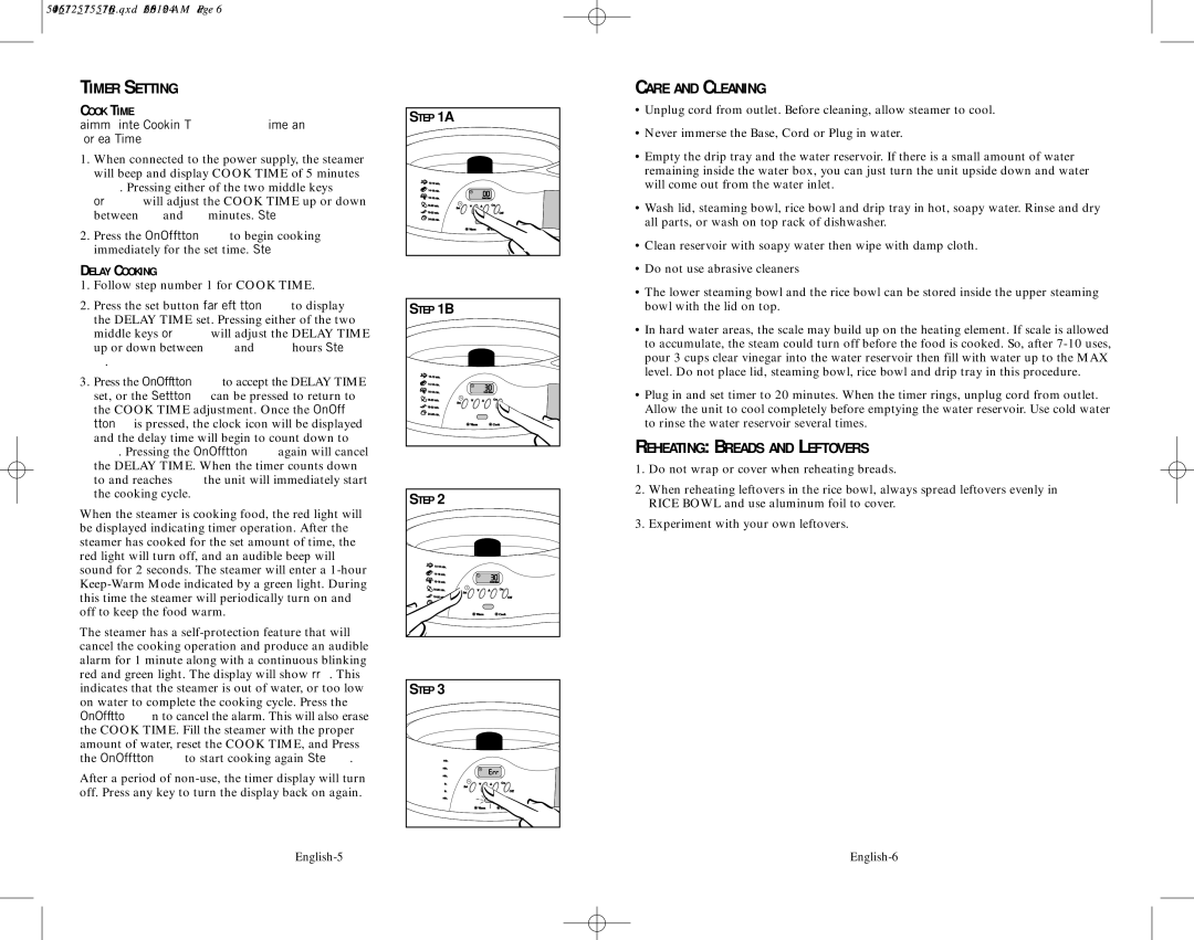 Oster 5712 user manual Timer Setting, Care and Cleaning, Reheating Breads and Leftovers 