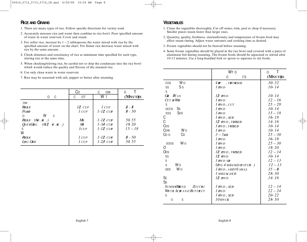 Oster 5712 user manual Ears, Rice and Grains, Vegetables 