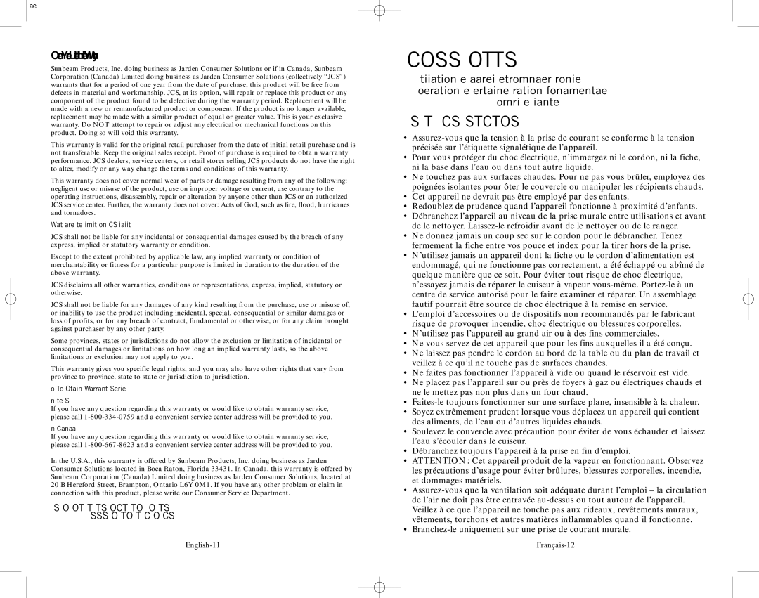 Oster 5712 user manual Consignes Importantes 