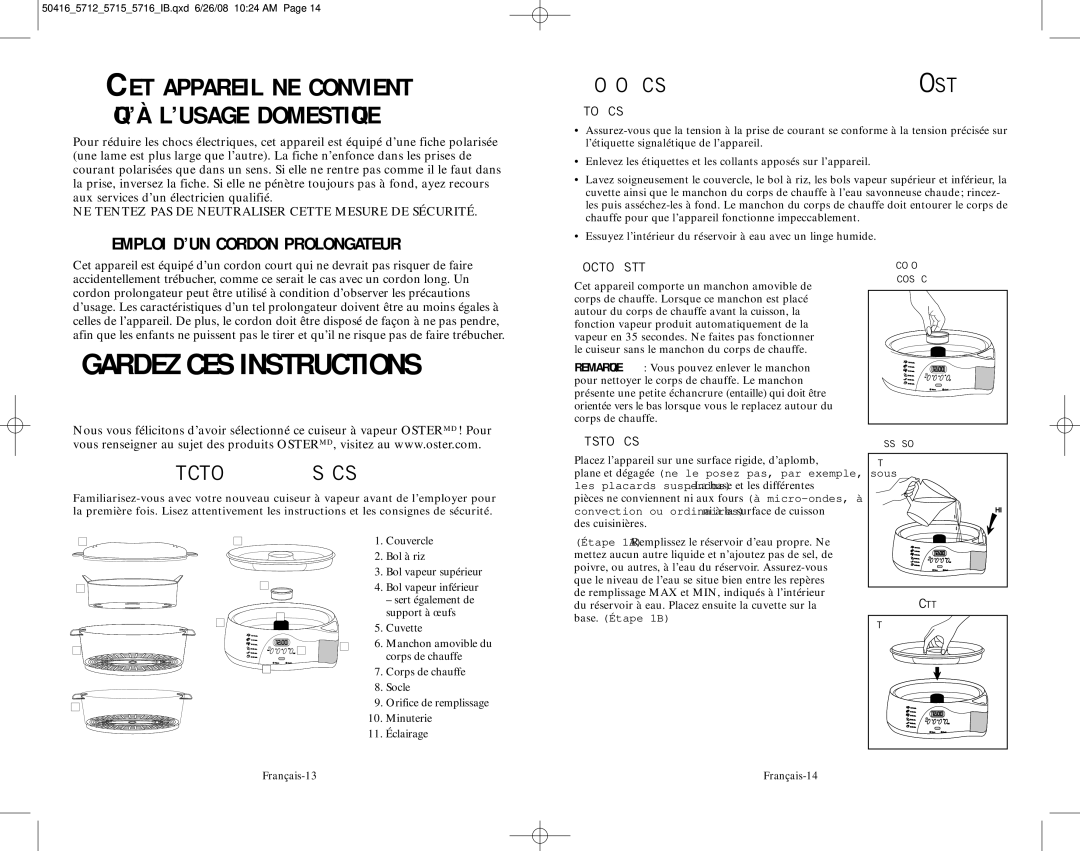 Oster 5712 Mode D’EMPLOI DU Cuiseur À Vapeur Ostermd, Identification DES Pièces, Préparation DU Cuiseur À Vapeur 