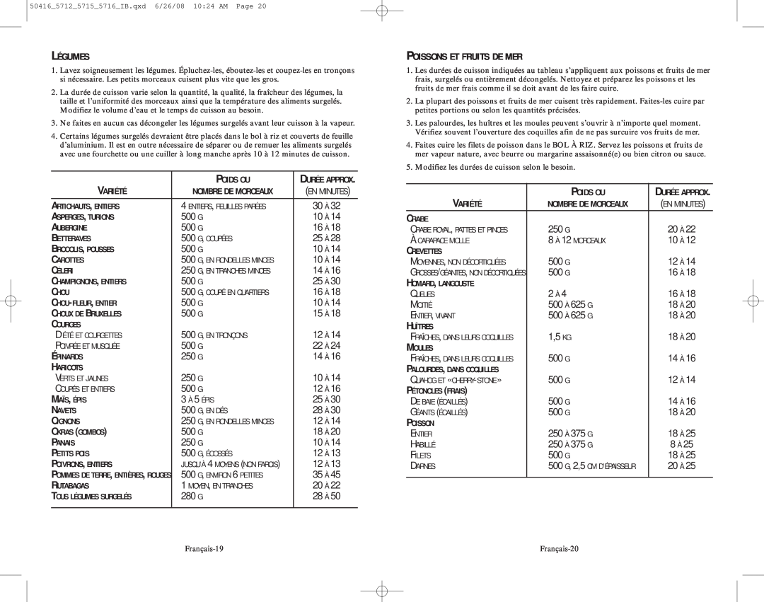 Oster 5712 user manual 500 G, À 625 G, 1,5 KG, À 375 G, Légumes, Poissons Et Fruits De Mer 